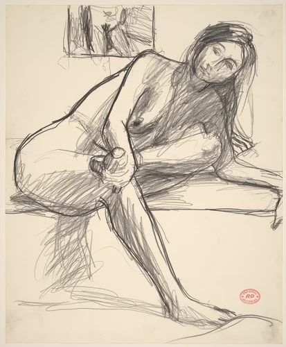 Untitled [seated nude with her leg crossed and leaning on her left arm] by Richard Diebenkorn, drawing, 1955-1967