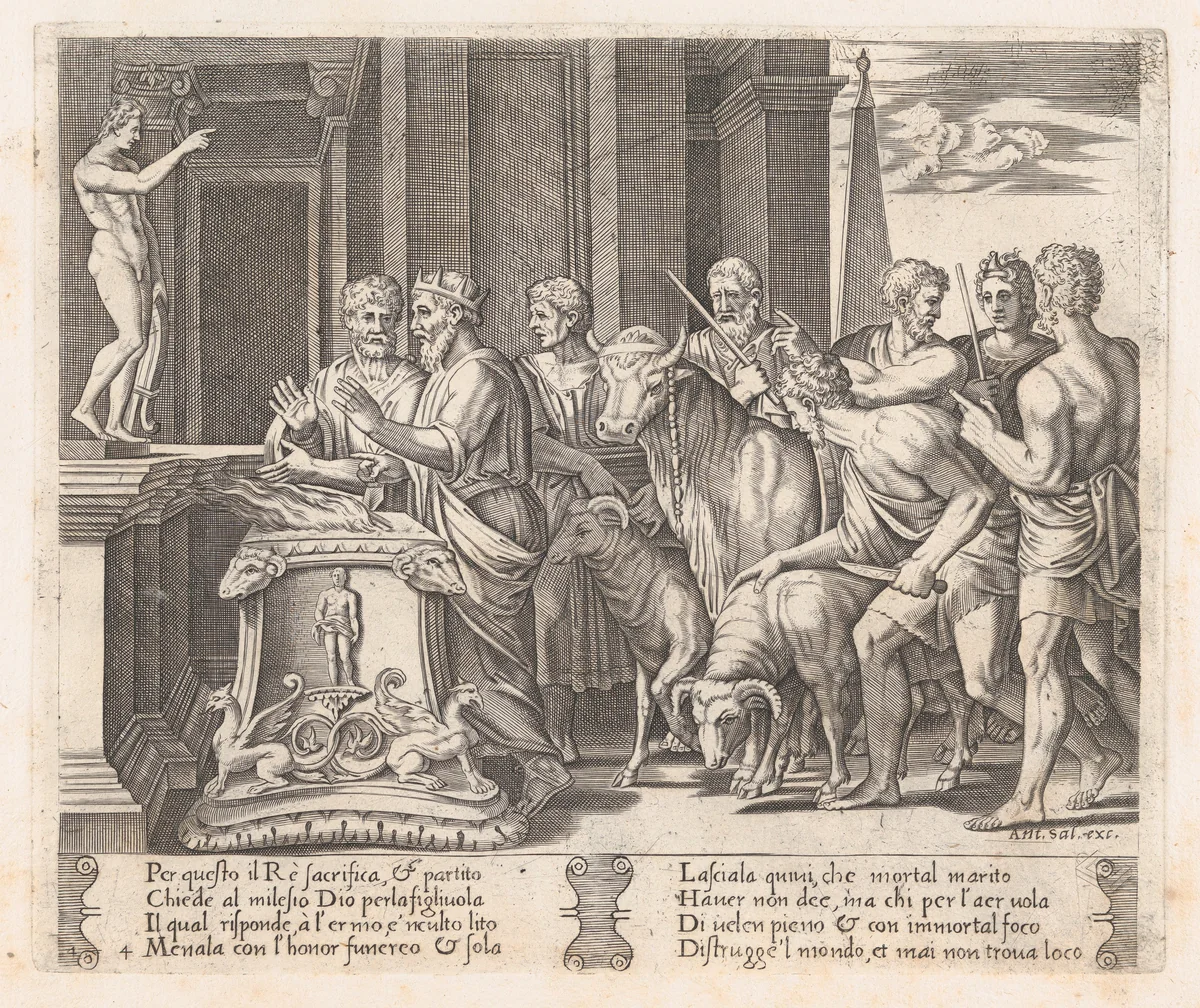 Plate 4: Psyche's father consulting the Oracle, accompanied by another king, from "The Story of Cupid and Psyche as told by Apuleius" by Agostino Veneziano, print, 1530-1560