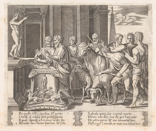 Plate 4: Psyche's father consulting the Oracle, accompanied by another king, from "The Story of Cupid and Psyche as told by Apuleius" by Agostino Veneziano, print, 1530-1560