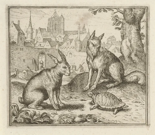 Fabel van de schildpad en de haas by anonymous, print, 1608-1679