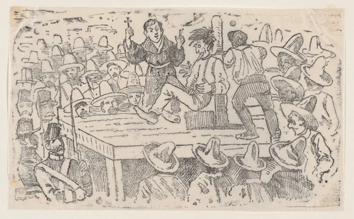 A man executed by garroting in the town square at Mixalco by José Guadalupe Posada, print, 1875-1885