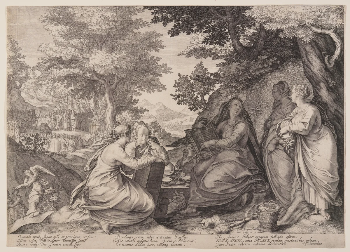 Wise Virgins Gathered Together in a Landscape Before the Preaching of the Baptist, from Parable of the Wise and Foolish Virgins by Jan Saenredam, print, 1606