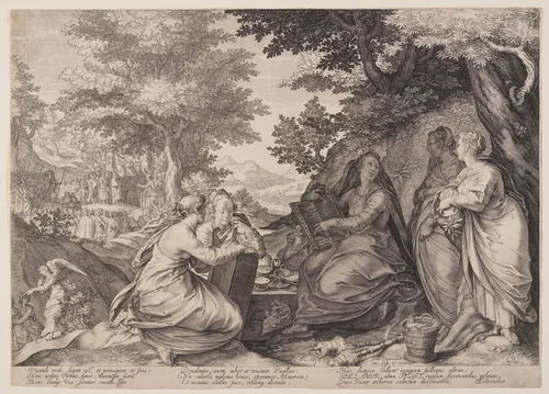 Wise Virgins Gathered Together in a Landscape Before the Preaching of the Baptist, from Parable of the Wise and Foolish Virgins by Jan Saenredam, print, 1606