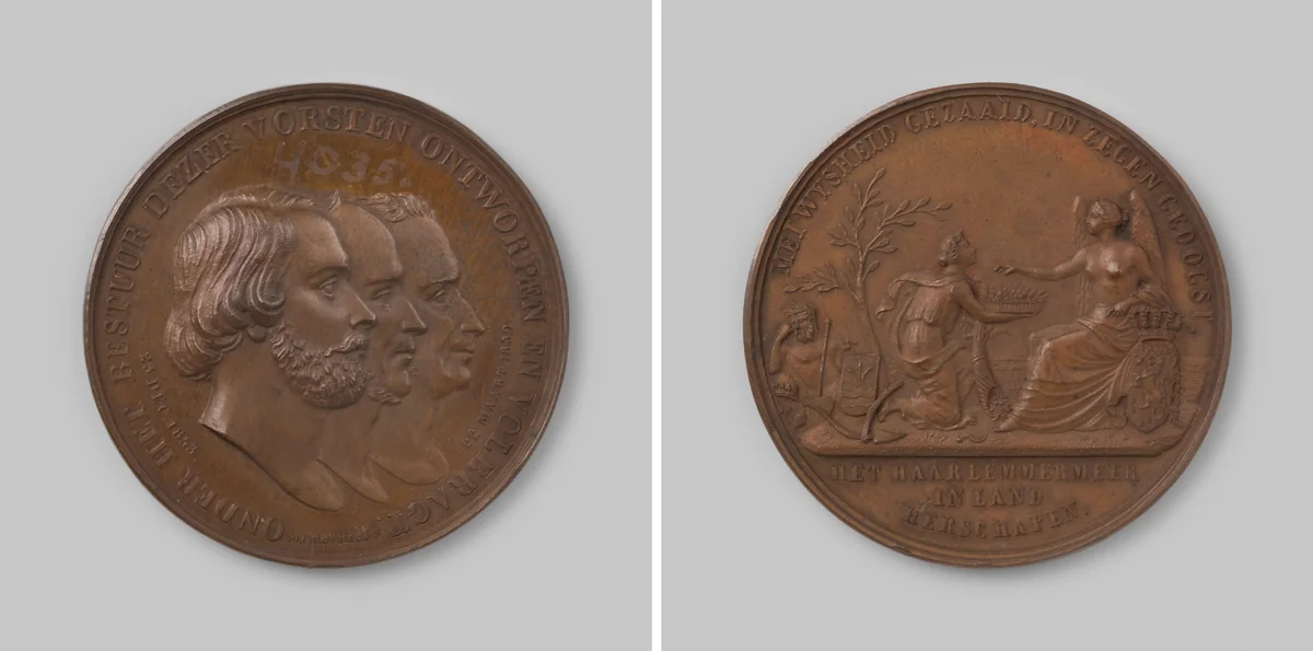 Droogmaking van de Haarlemmermeer, ter ere van Willem I, II en III, koningen der Nederlanden by Moses Cohen de Vries junior, metalwork, 1853