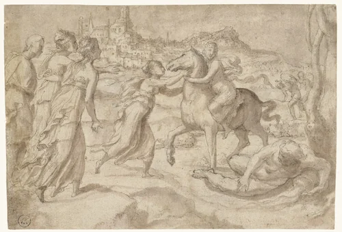 Vlucht van Cloelia uit het legerkamp van Porsenna by anonymous, drawing, 1500-1599