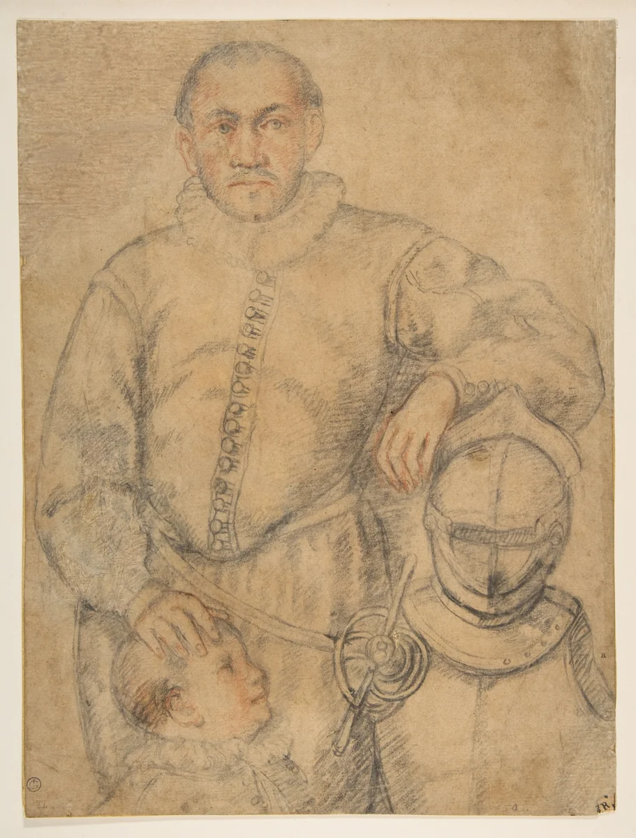 Half-Length Study of a Man Standing in Frontal View, Leaning on Armor and Accompanied by a Boy by Federico Zuccaro, drawing, 1540-1609