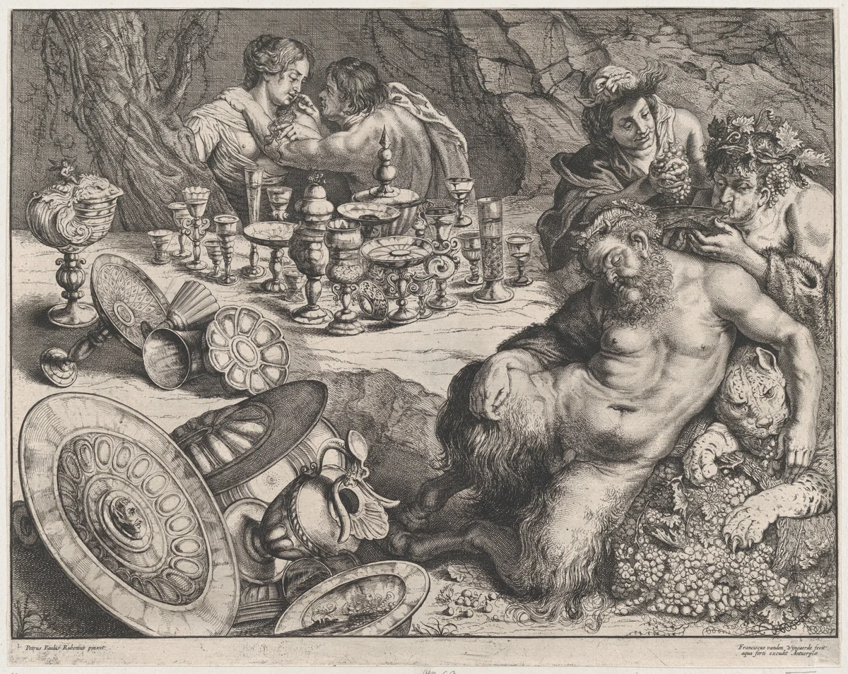 Bacchus and drunken Silenus by Frans van den Wyngaerde, print, 1640-1660