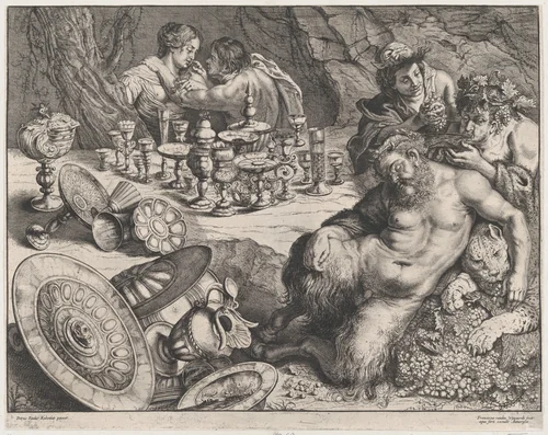 Bacchus and drunken Silenus by Frans van den Wyngaerde, print, 1640-1660