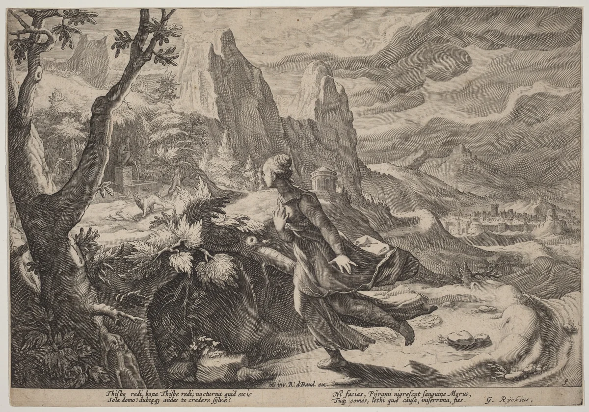 Thisbe Frightened by the Lion by Hendrick Goltzius, print, 1610-1620