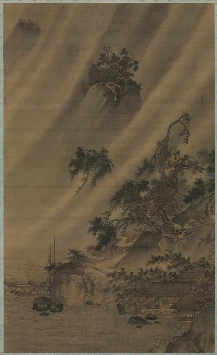 River Village in a Rainstorm by Lu Wenying, painting, 1475-1507