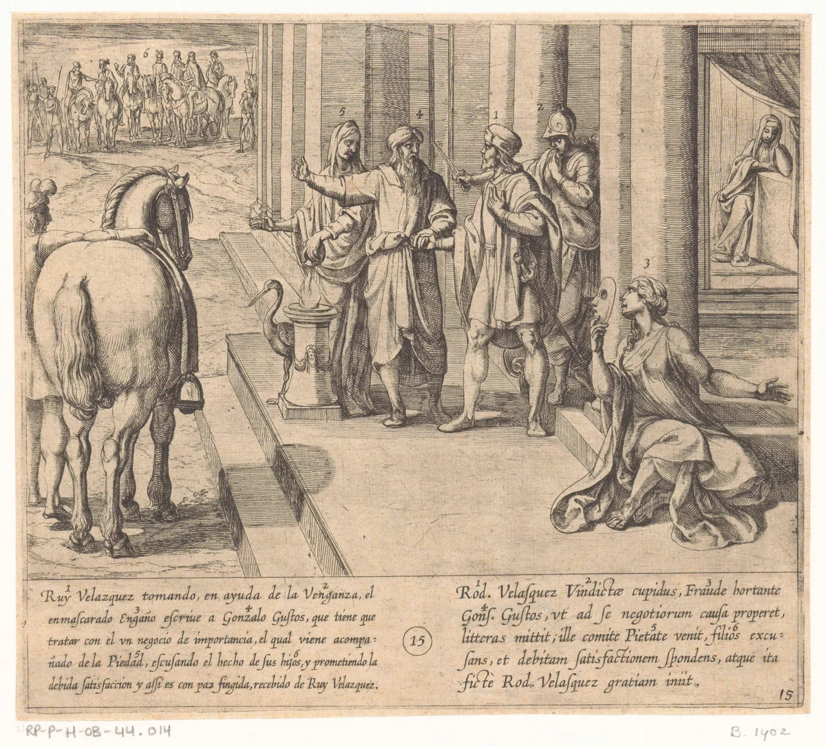 Gonzalo Gustos bezoekt Ruy Velazquez om genoegdoening te beloven voor de daden van zijn zoon by Antonio Tempesta, print, 1612