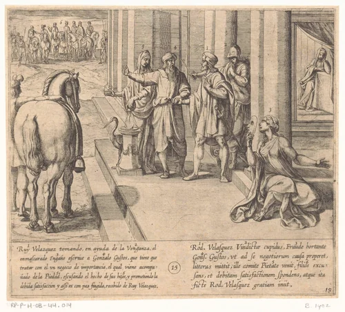 Gonzalo Gustos bezoekt Ruy Velazquez om genoegdoening te beloven voor de daden van zijn zoon by Antonio Tempesta, print, 1612