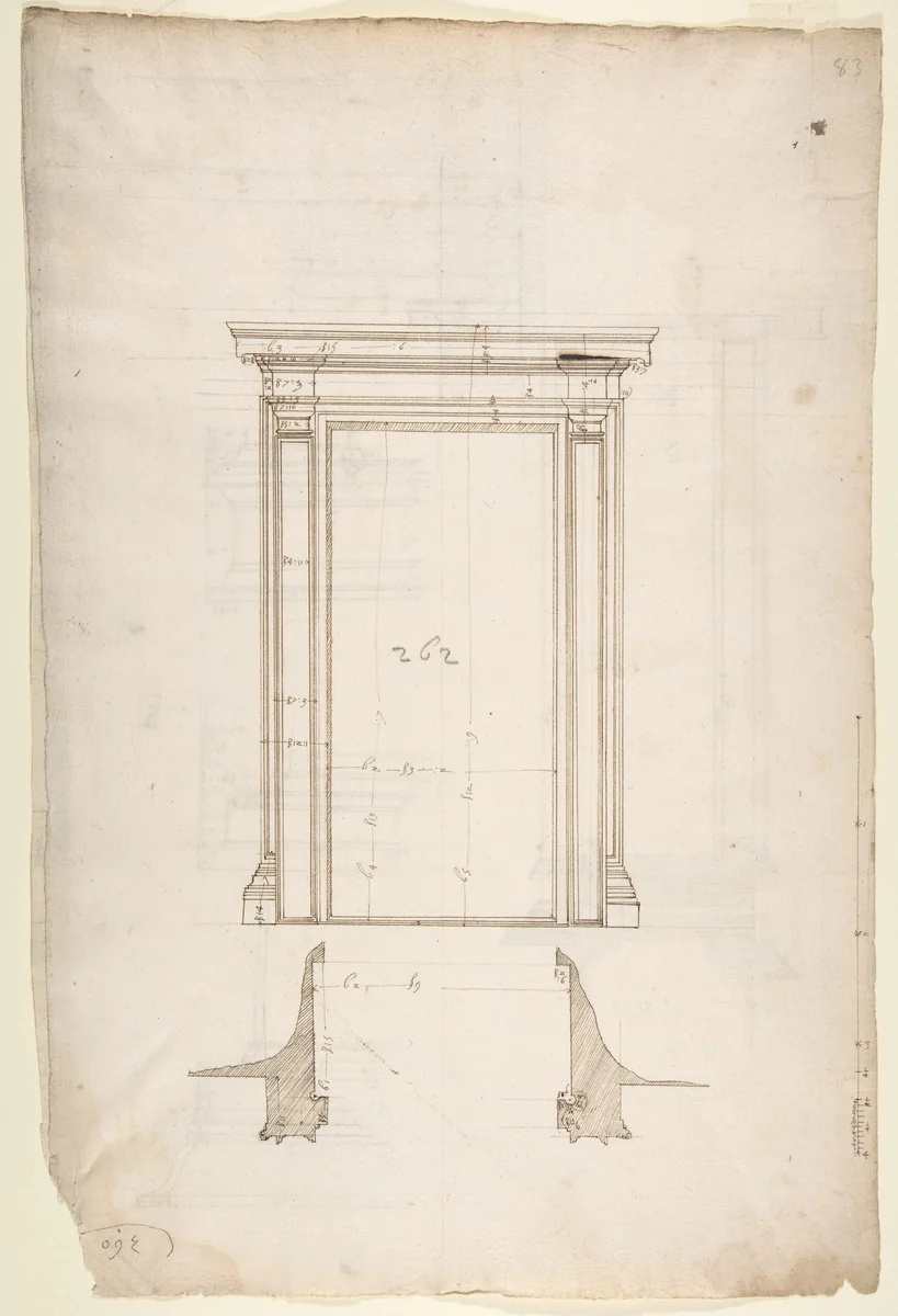 San Lorenzo, Library, Ricetto, portal from cloister, elevation; plan (recto) San Lorenzo, Library, Ricetto, portal from cloister, section; details (verso) by anonymous, drawing, 1500-1560