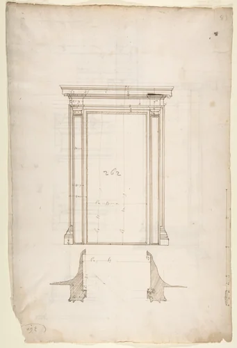 San Lorenzo, Library, Ricetto, portal from cloister, elevation; plan (recto) San Lorenzo, Library, Ricetto, portal from cloister, section; details (verso) by anonymous, drawing, 1500-1560