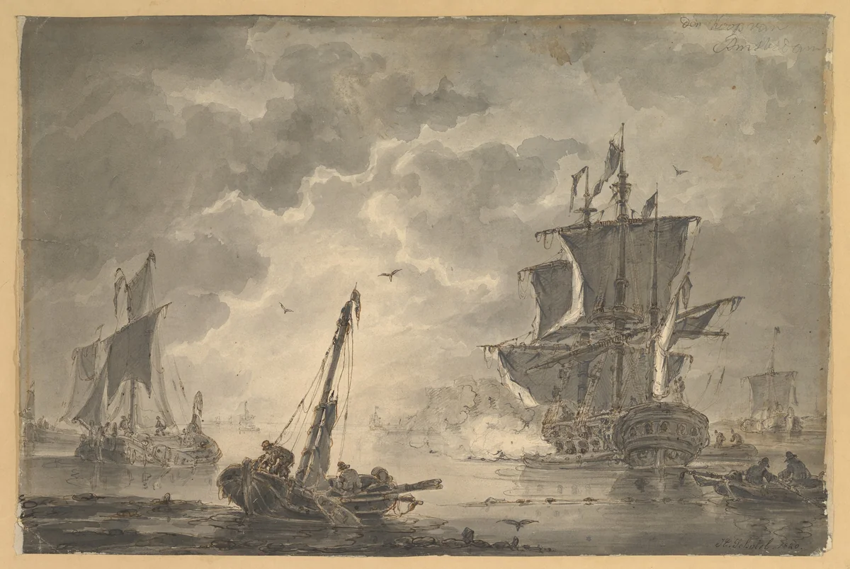 Marine, the Cannon Shot by Johannes Christiaan Schotel, drawing, 1787-1838