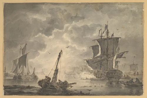 Marine, the Cannon Shot by Johannes Christiaan Schotel, drawing, 1787-1838