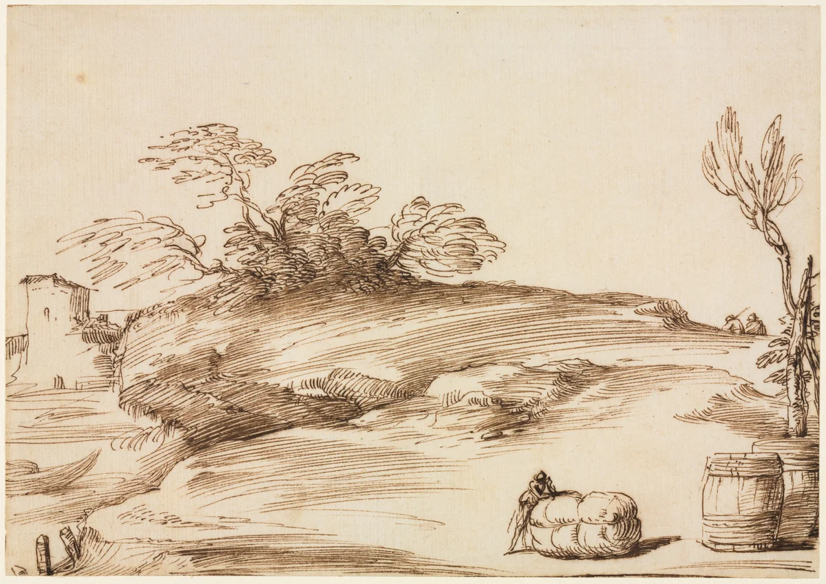 Landscape with a Man Leaning on a Bale by Guercino, drawing, 1635-1645