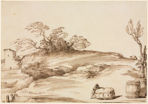 Landscape with a Man Leaning on a Bale by Guercino, drawing, 1635-1645