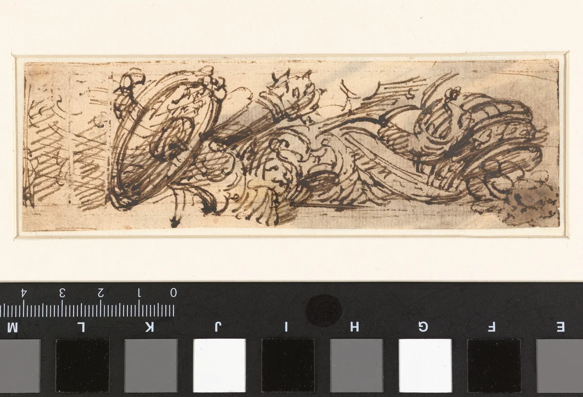 Vignet met schild, knots en lans by Giovanni Battista Piranesi, drawing, 1730-1778