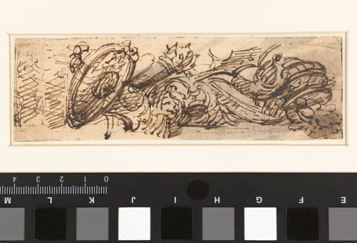 Vignet met schild, knots en lans by Giovanni Battista Piranesi, drawing, 1730-1778