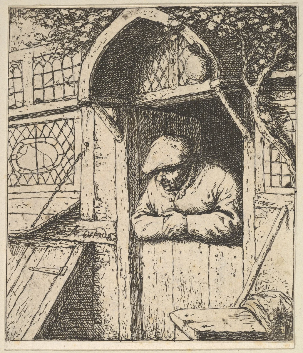 Peasant Leaning on Door by Adriaen van Ostade, print, 1610-1685