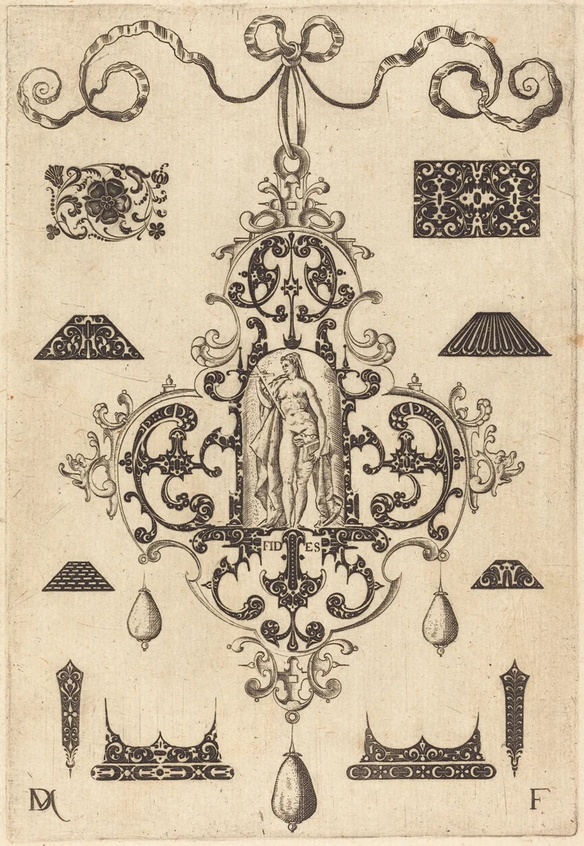 Large Pendant, Faith Standing at Centre by Daniel Mignot, print, 1593