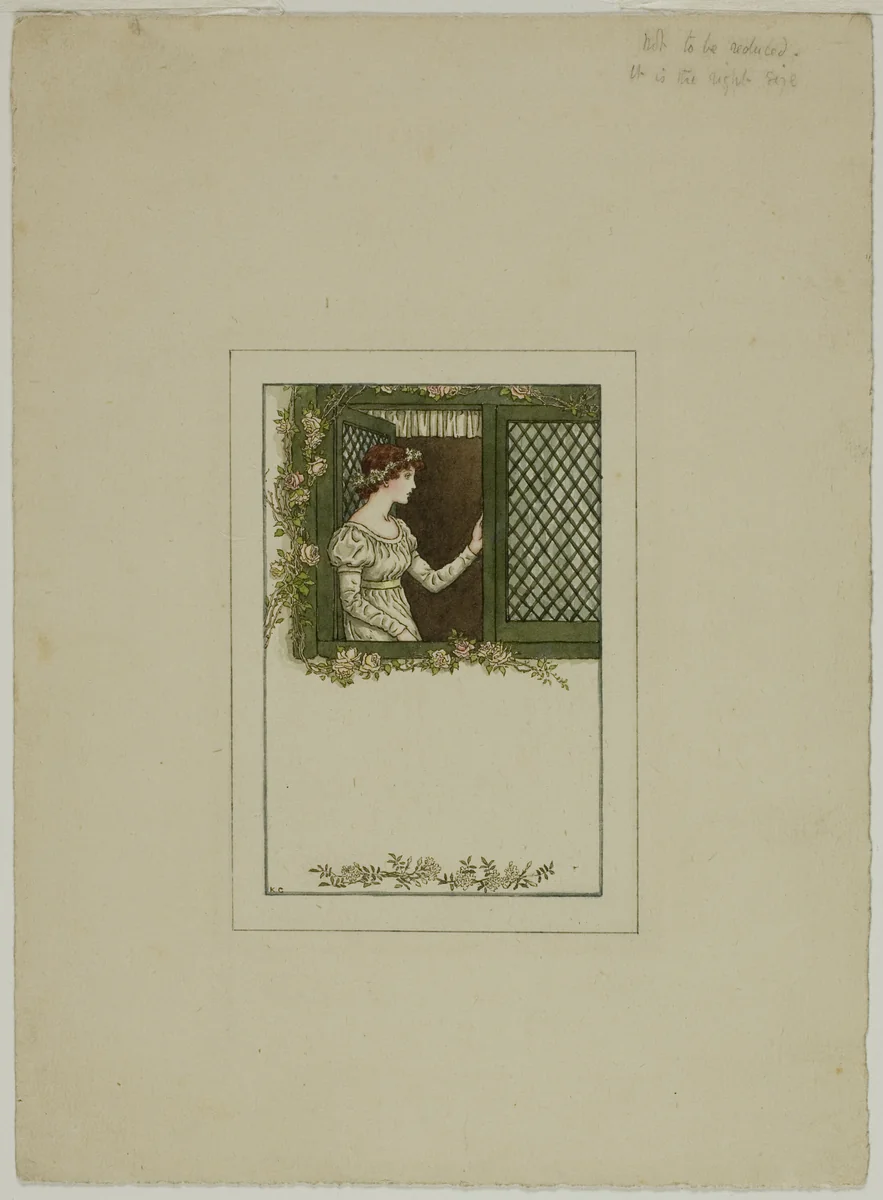 Woman at Lattice Window by Kate Greenaway, drawing, 1866-1901