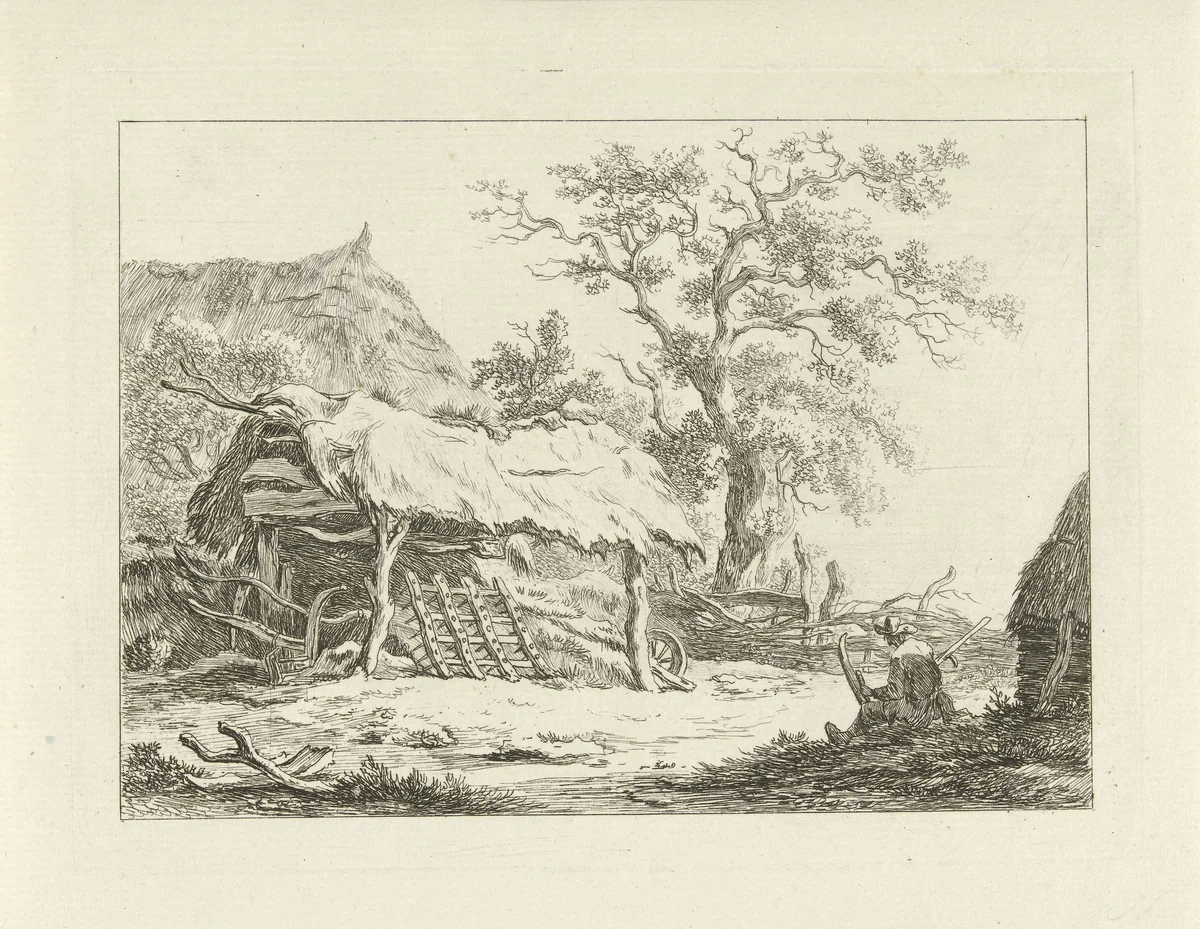 Zittende figuur bij een schuur by Carel Lodewijk Hansen, print, 1780-1840