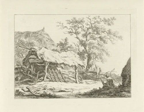 Zittende figuur bij een schuur by Carel Lodewijk Hansen, print, 1780-1840