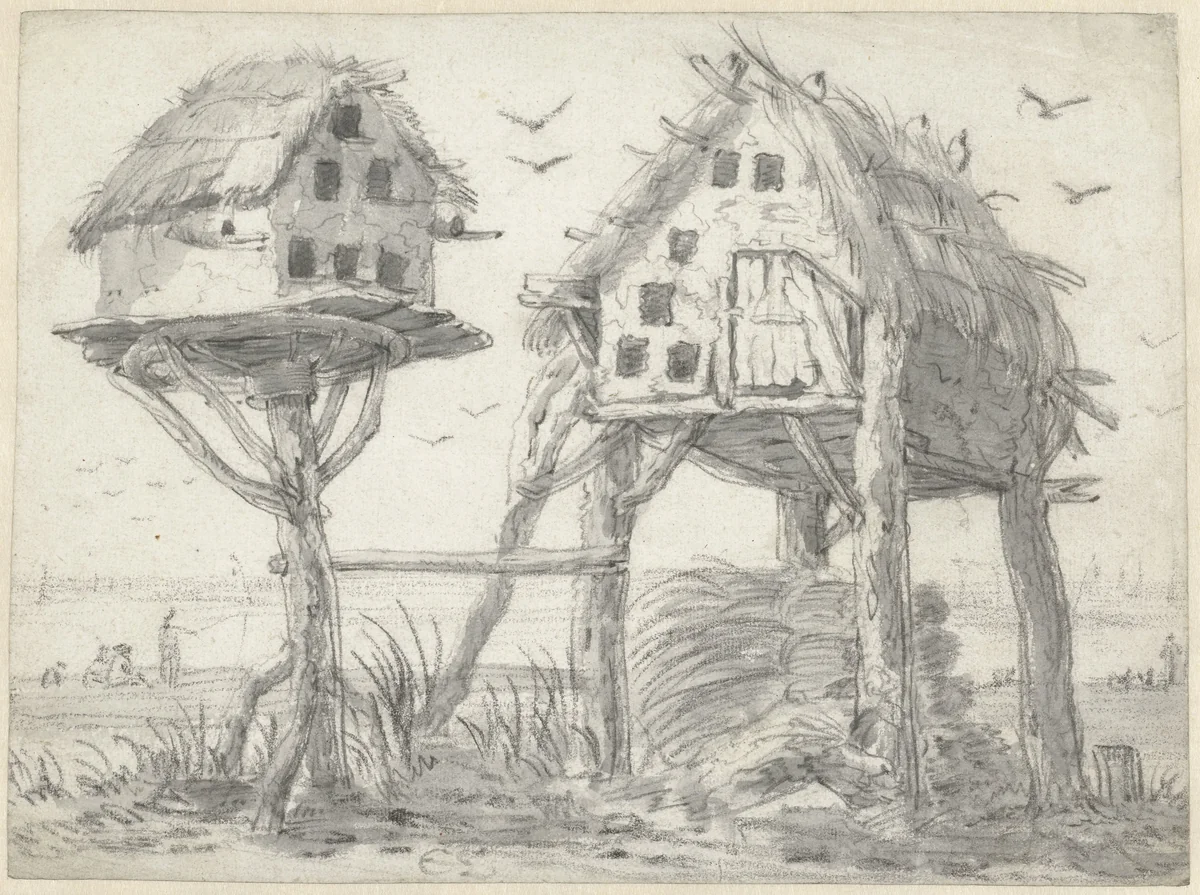 Two Dovecotes near the Water by Cornelis Saftleven, drawing, 1617-1681