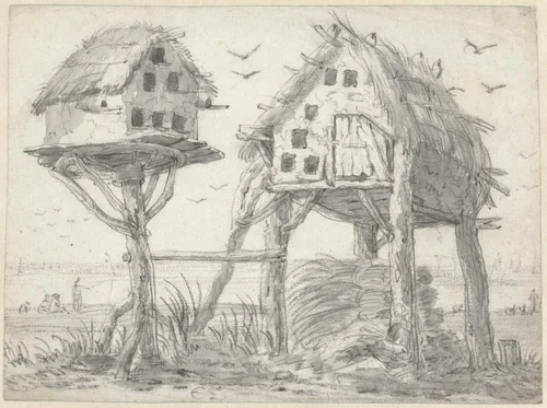 Two Dovecotes near the Water by Cornelis Saftleven, drawing, 1617-1681