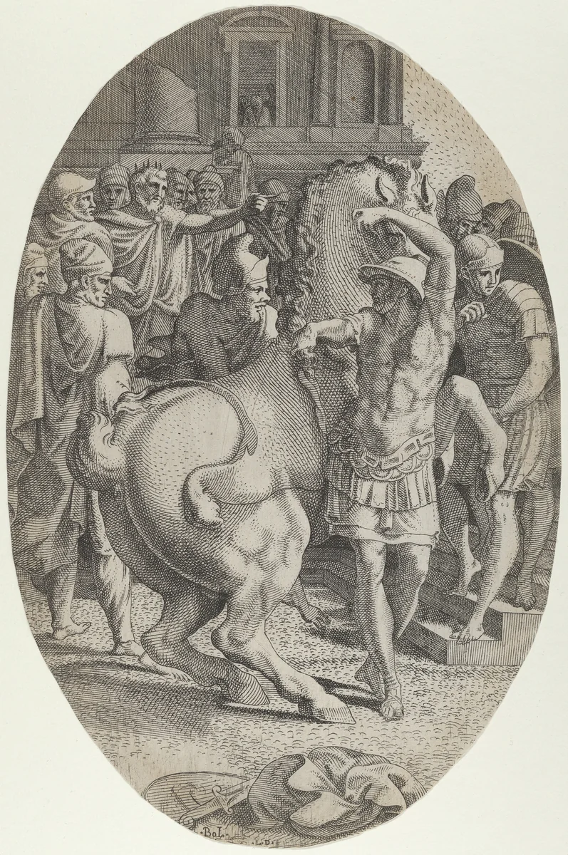 Alexander Mastering Bucephalus by Léon Davent, print, 1535-1550