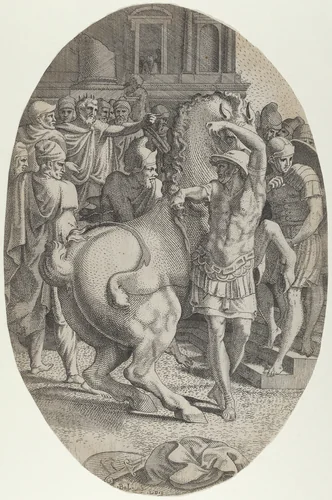 Alexander Mastering Bucephalus by Léon Davent, print, 1535-1550