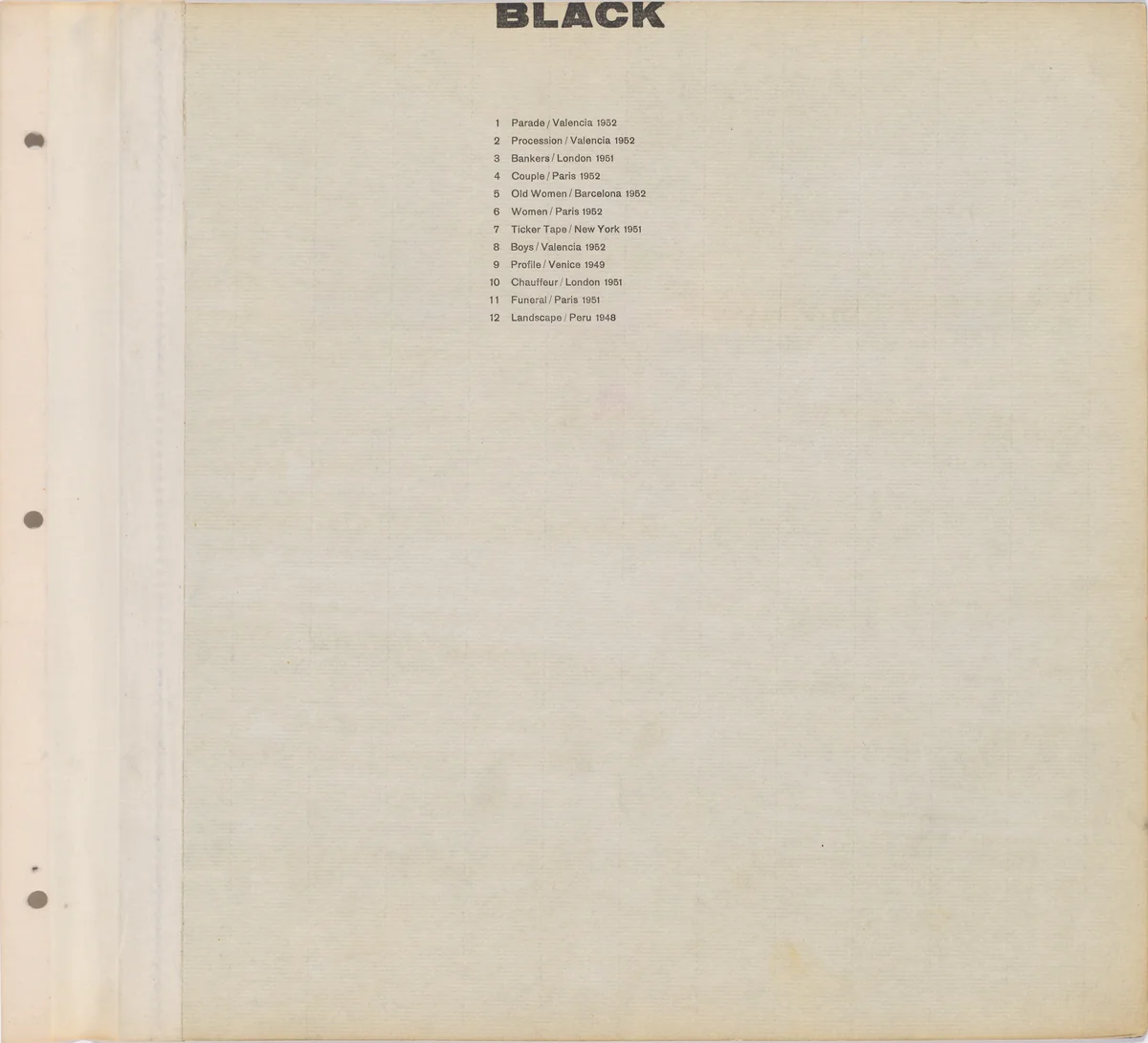 Title page for Black / Text page with illustration number by Robert Frank, print, 1952