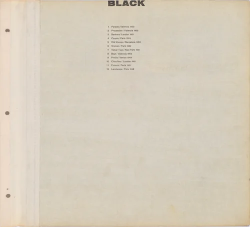 Title page for Black / Text page with illustration number by Robert Frank, print, 1952