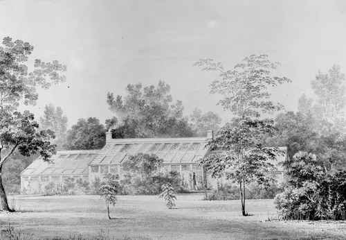 Greenhouse, David Hosack Estate, Hyde Park, New York (from Hoasack Album) by Thomas Kelah Wharton, artwork, 1829-1832