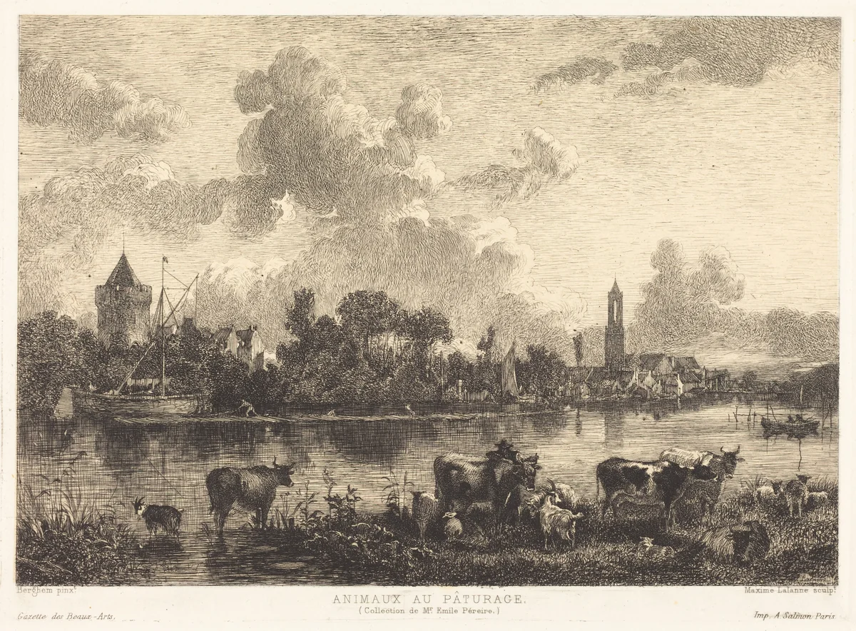 Animaux au Pâturage (Animals at Pasture) by Maxime Lalanne, Nicolaes Pietersz Berchem, print, 1827-1886