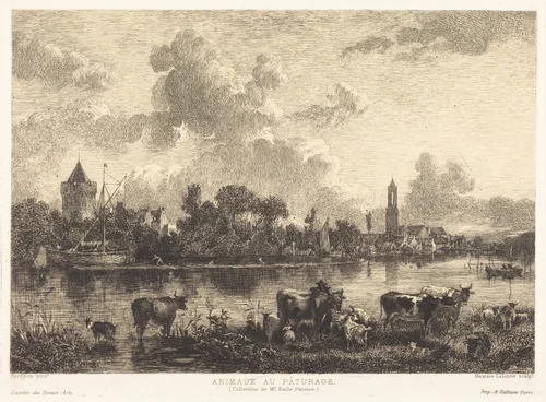 Animaux au Pâturage (Animals at Pasture) by Maxime Lalanne, Nicolaes Pietersz Berchem, print, 1827-1886