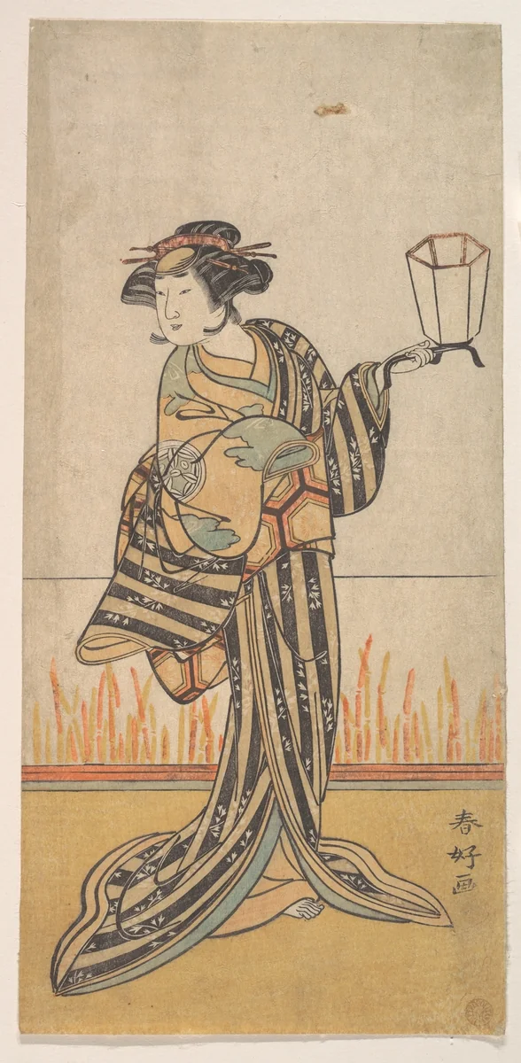 Second Yamashita Kinsaku as a Woman Standing in a Room by Katsukawa Shunkō (勝川春好), print, 1764-1784