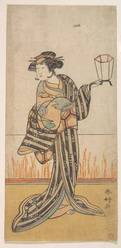Second Yamashita Kinsaku as a Woman Standing in a Room by Katsukawa Shunkō (勝川春好), print, 1764-1784