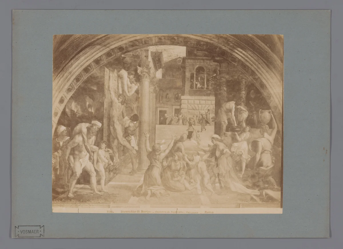 Fotoreproductie van het fresco Stanza dell'Incendio di Borgo door Rafaël in de Camere di Raffaello by anonymous, photograph, 1851-1900