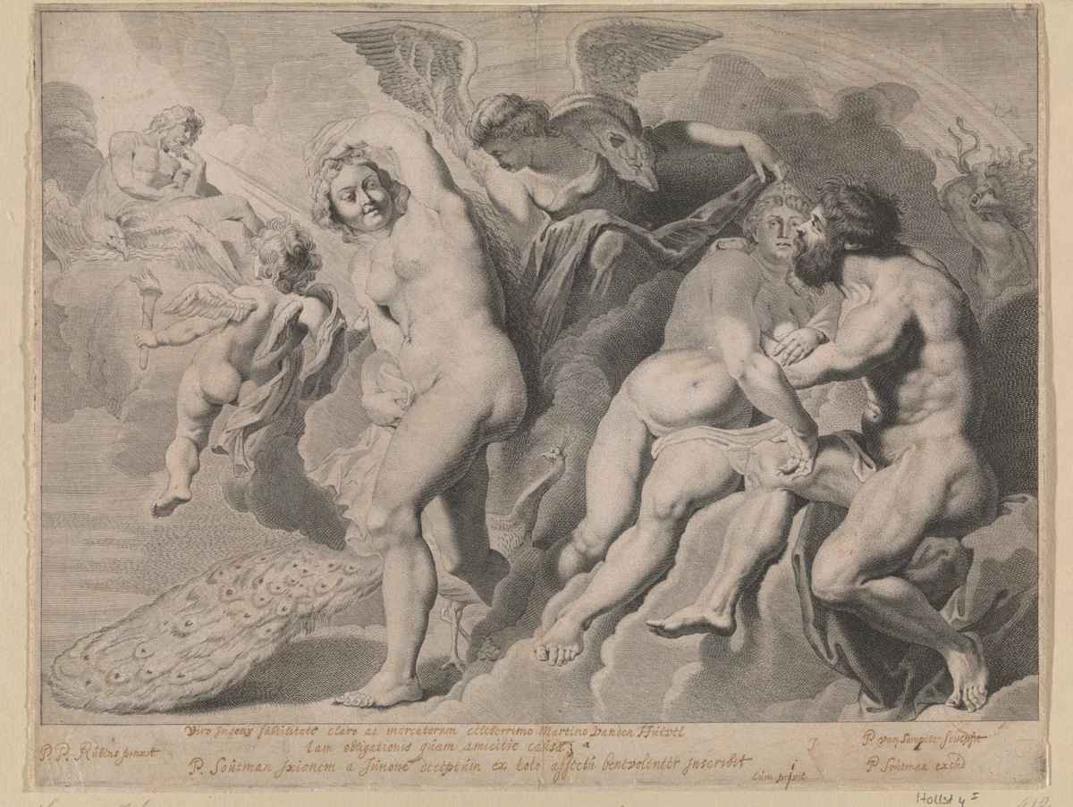 Ixion misleid door Juno en Jupiter by Pieter van Sompel, print, 1615-1650