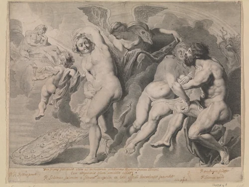 Ixion misleid door Juno en Jupiter by Pieter van Sompel, print, 1615-1650