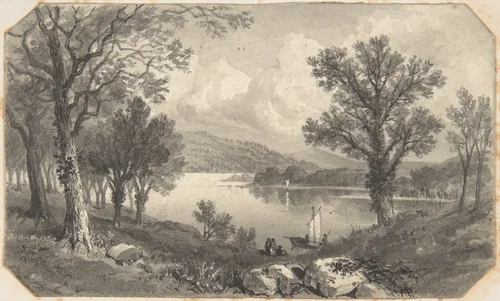 View of a lake or river with a sailboat by David Octavius Hill, drawing, 1820-1870