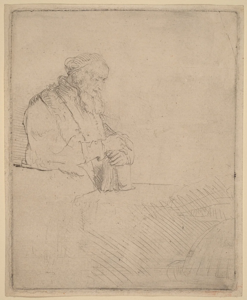 Old Man in Meditation, Leaning on a Book by Rembrandt van Rijn, print, 1645