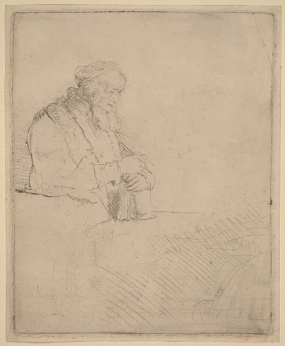 Old Man in Meditation, Leaning on a Book by Rembrandt van Rijn, print, 1645