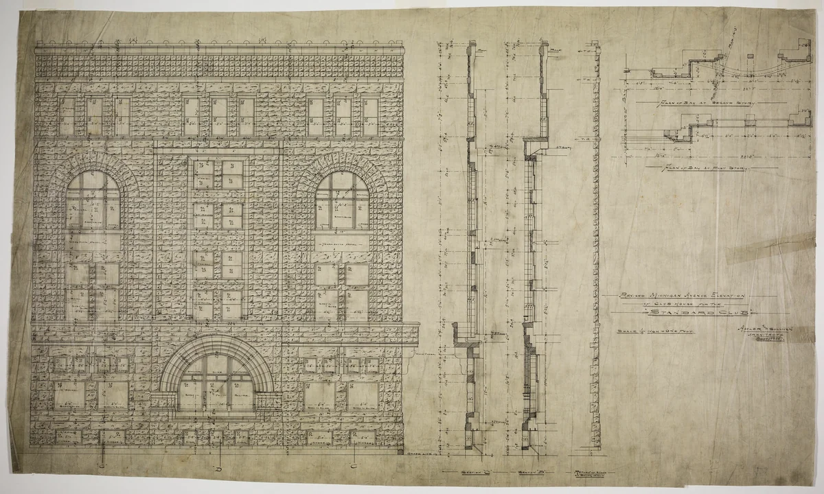 Standard Club, Chicago, Illinois, Revised Elevation and Details by Adler and Sullivan, drawing, 1887