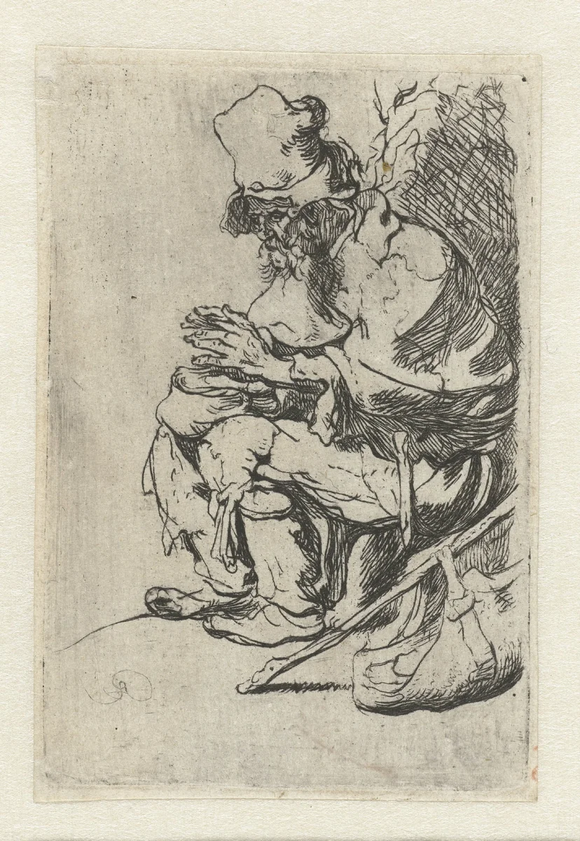 Beggar seated warming his hands at a chafing dish by anonymous, print, 1630