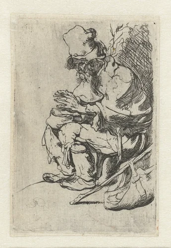 Beggar seated warming his hands at a chafing dish by anonymous, print, 1630