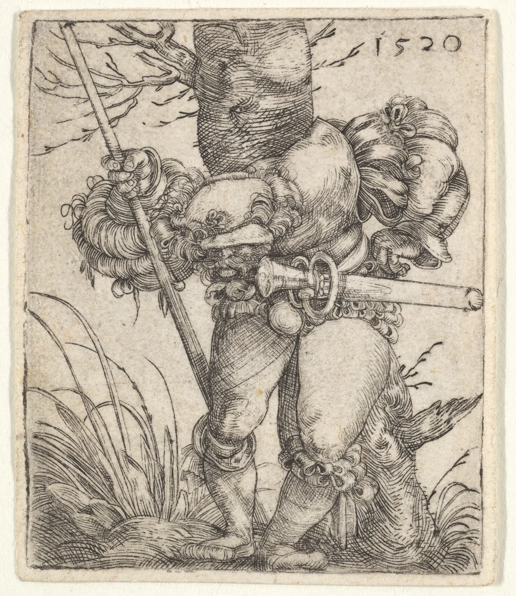 Bending Soldier Leaning against a Tree by Barthel Beham, print, 1520